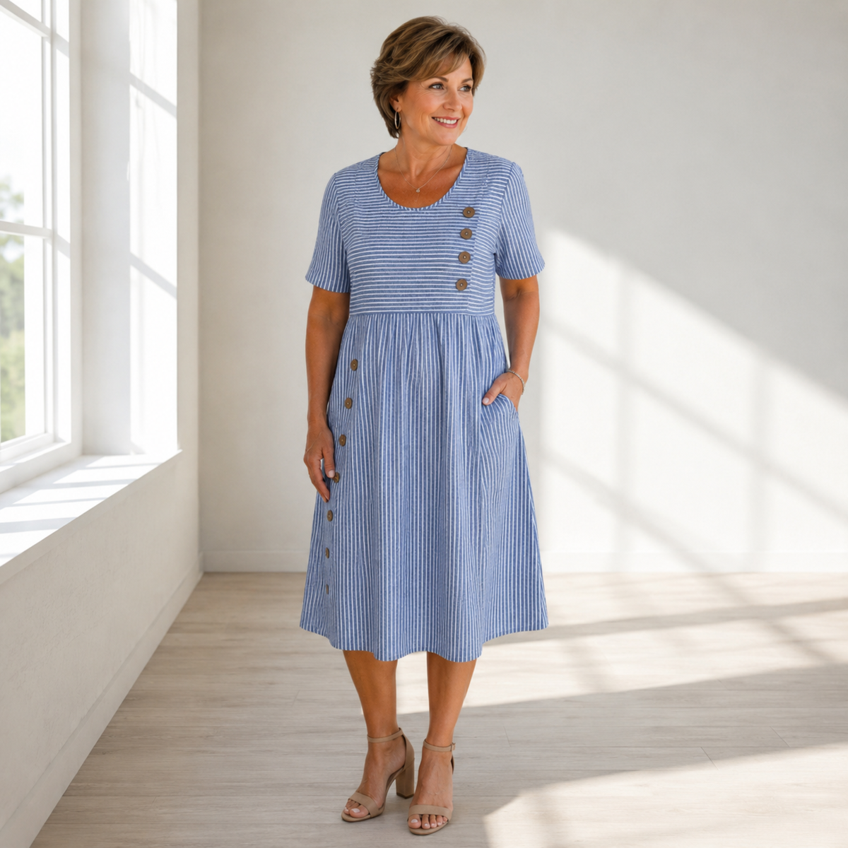 Scoop Neck Striped Button Detail Short Sleeve A-Line Midi Dress