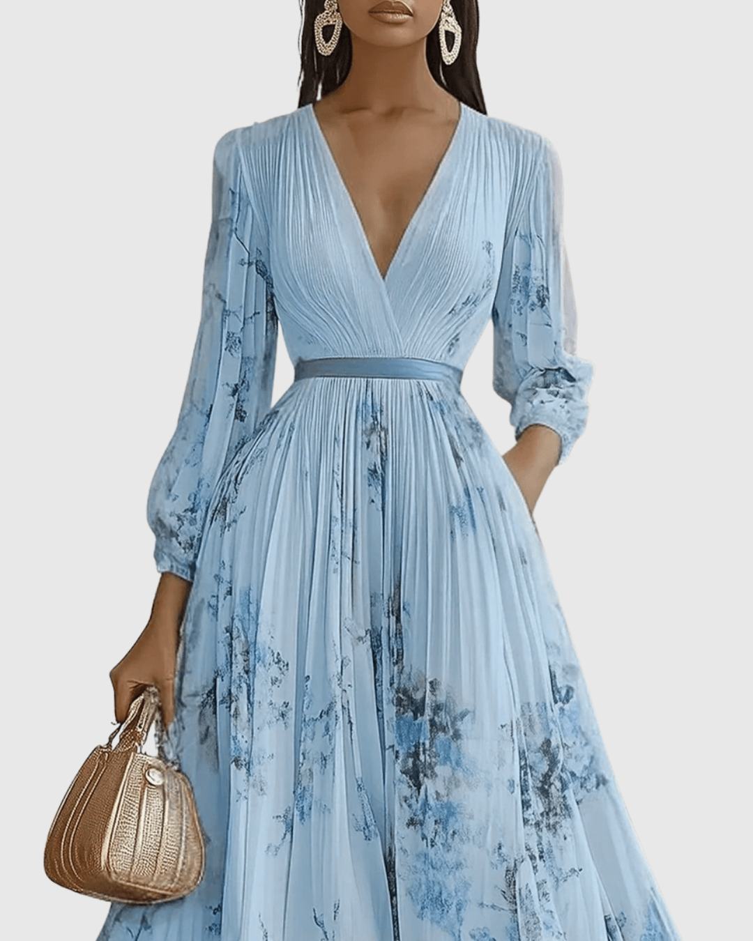 V-Neck Floral Print Sleeveless Pleated A-Line Maxi Dress