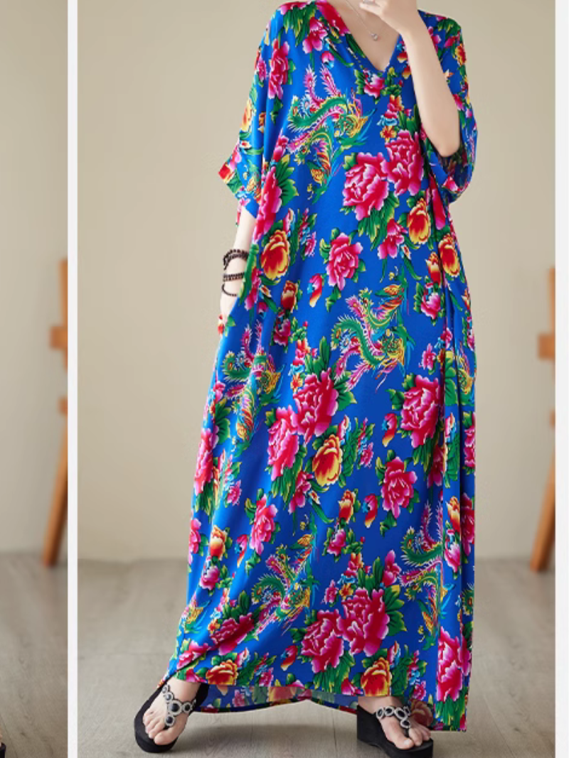 V-Neck Floral Print Batwing Sleeve Loose Kaftan Maxi Dress 5