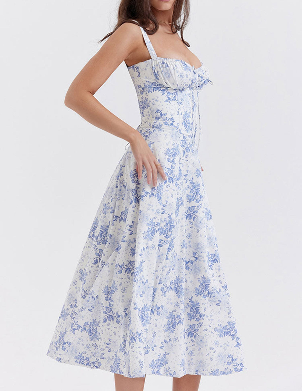 Sweetheart Neck Floral Print Corset Strap High Slit Midi Dress 6
