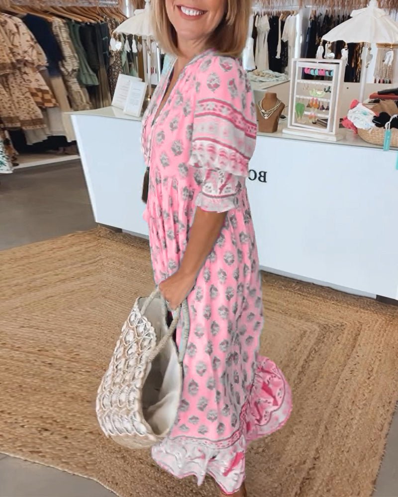 Split V-Neck Boho Border Print Ruffle Sleeve Tiered A-Line Midi Dress