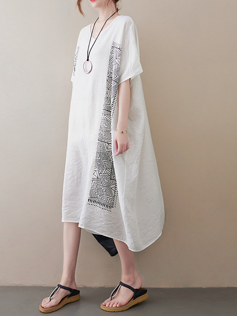 V-Neck Batwing Sleeve Geometric Print Loose Oversized Midi Dress 4