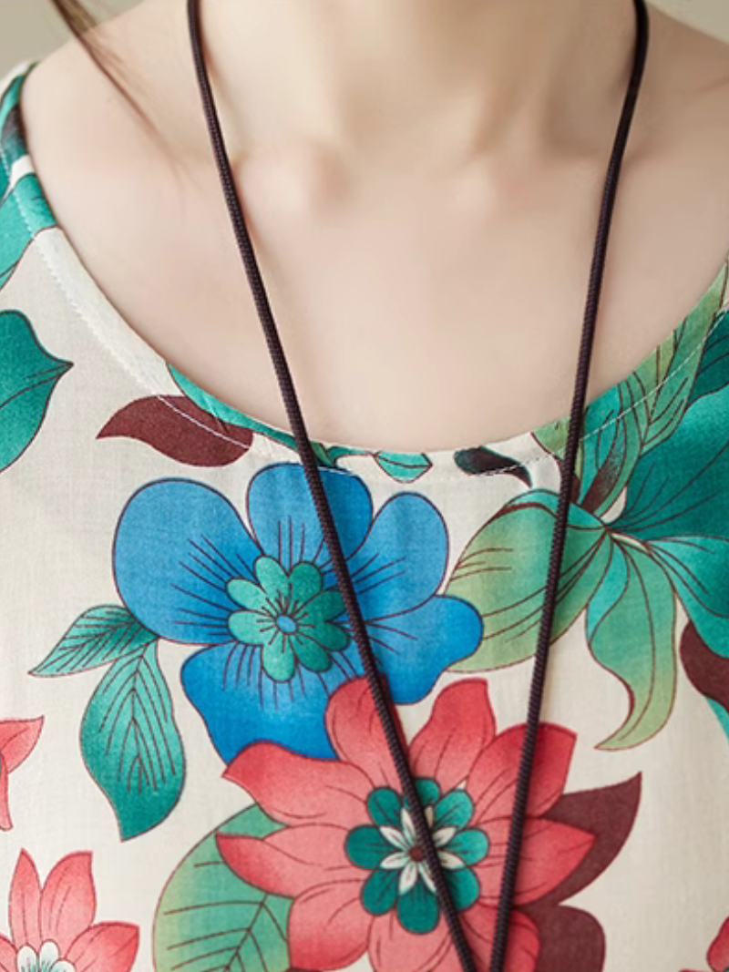 Round Neck Floral Print Long Sleeve Loose Smock Maxi Dress