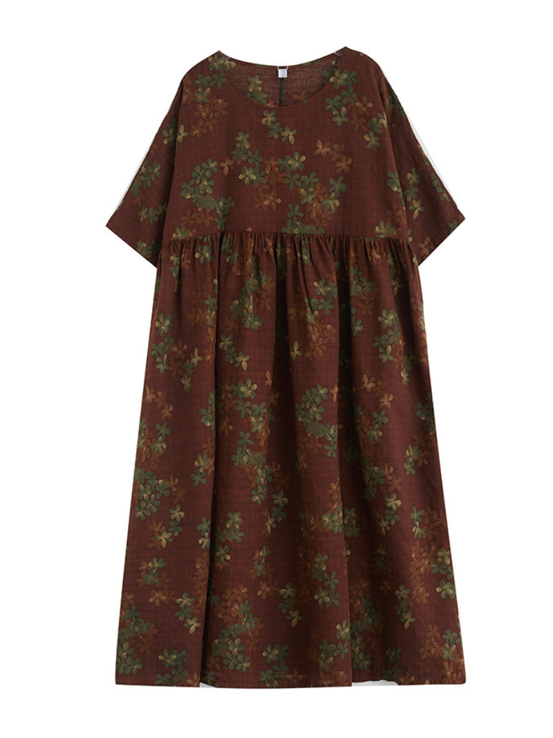 Coffee Round Neck Floral Cluster Smock Empire Waist Maxi Dress