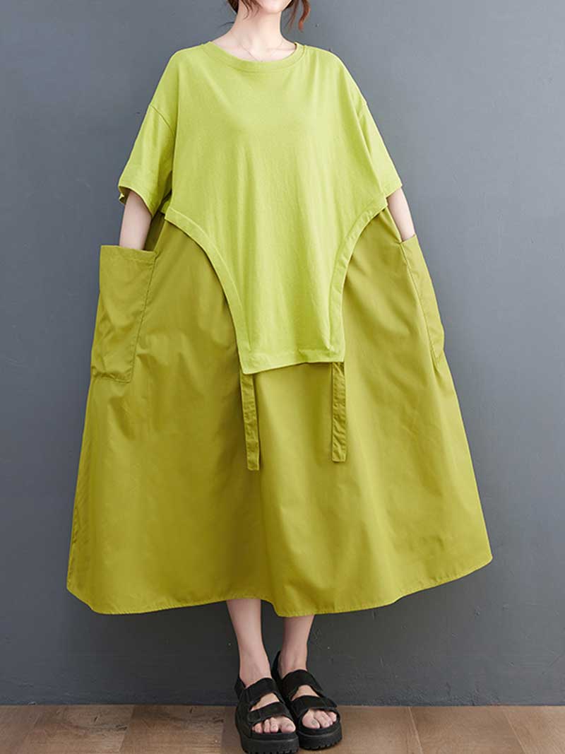 Round Neck Short Sleeve Layered Asymmetric Loose A-Line Midi Dress 6