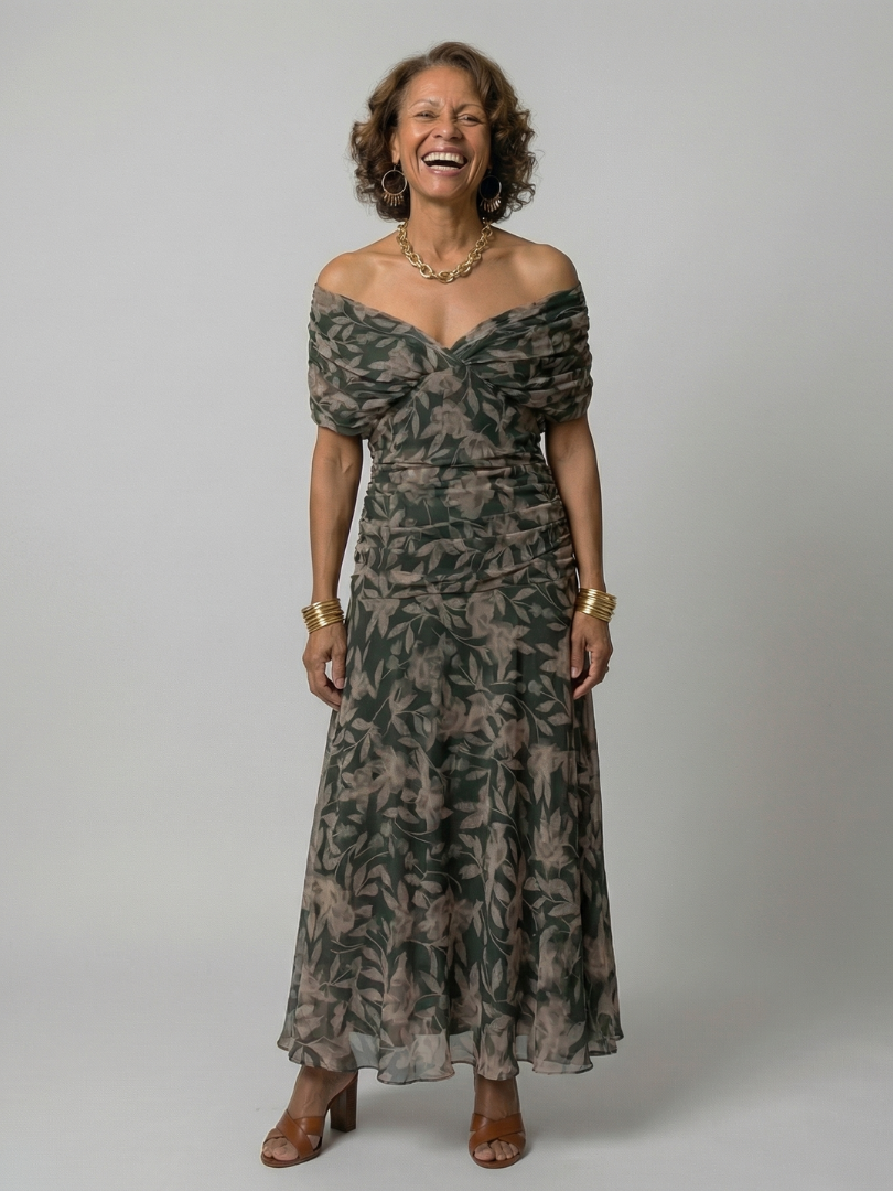 Off-Shoulder Draped Floral Chiffon Ruched A-Line Maxi Dress 5