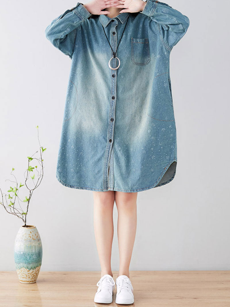 Collared Star Print Long Sleeve Washed Denim Shirt Dress 6