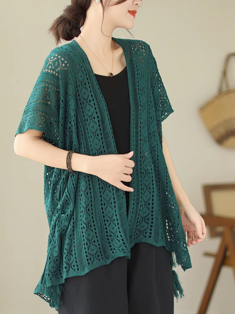 Open Front Short Sleeve Crochet Knit Tassel Tie Cardigan