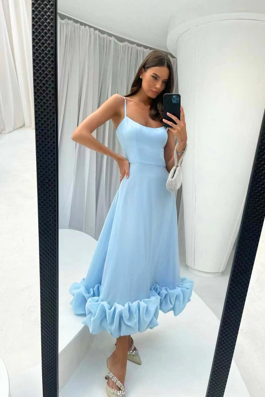 Scoop Neck Spaghetti Strap Ruffle Hem A-Line Midi Dress