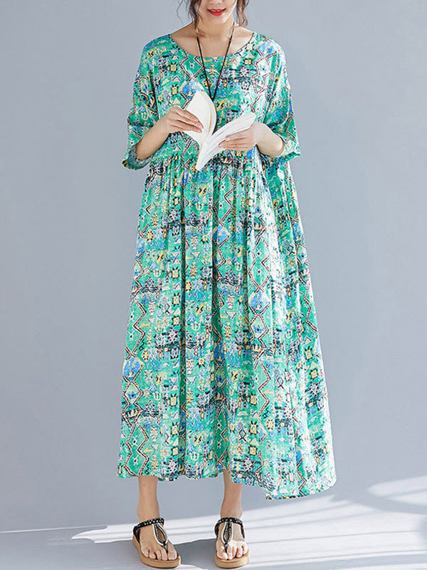 Multi Color Round Neck Geometric Print Batwing Sleeve Loose Smock Maxi Dress 5