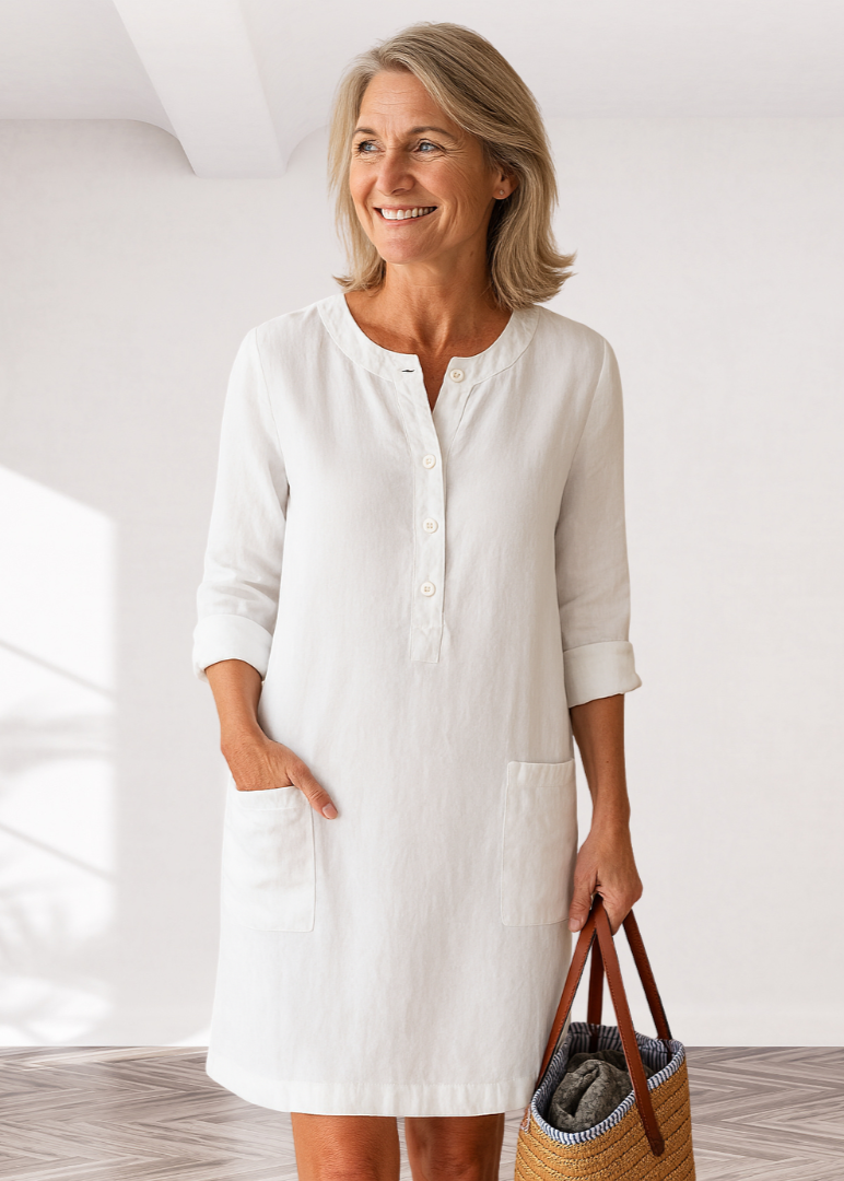 Henley Neck Roll Sleeve Patch Pocket Linen Shift Midi Dress 4