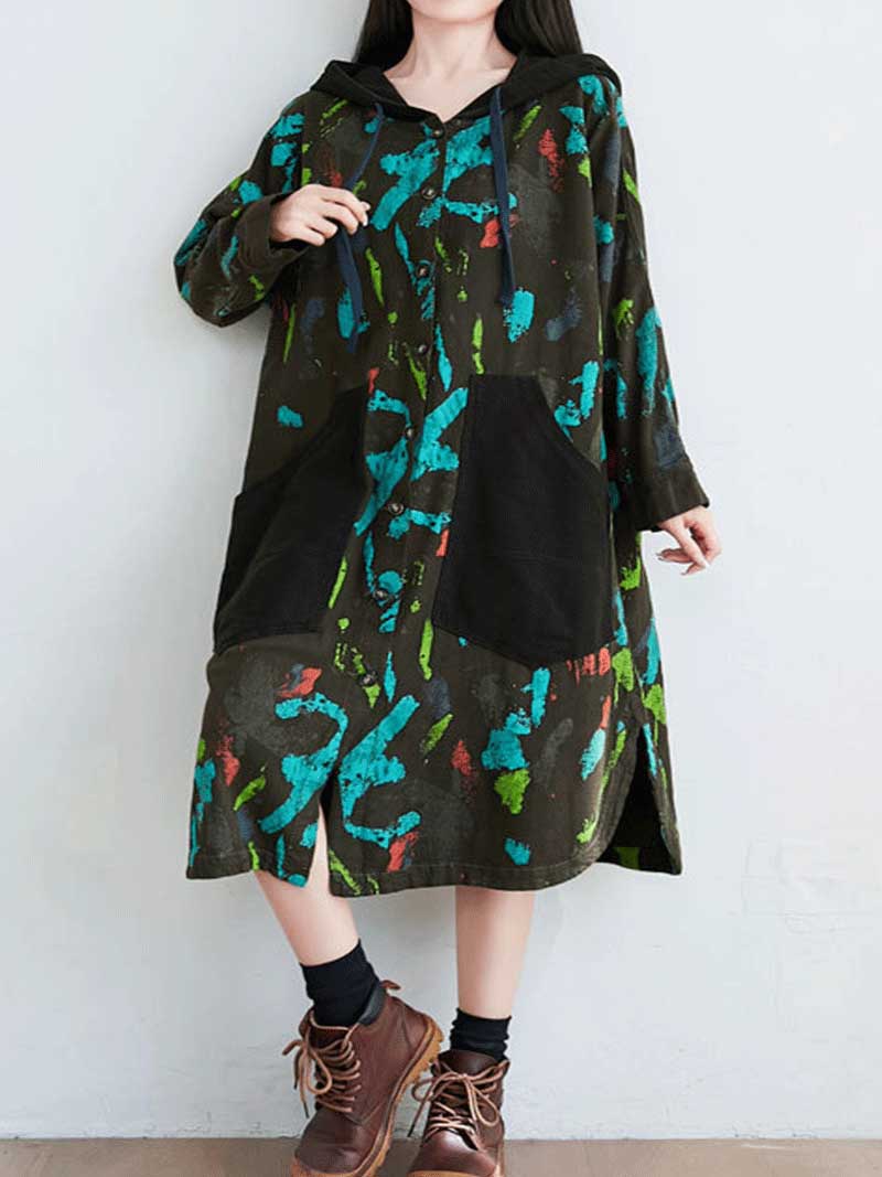 Hooded Button Front Abstract Print Patch Pocket Long Sleeve Midi Dress 2