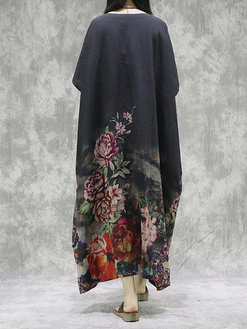 Black V-Neck Batwing Sleeve Floral Peony Print Loose Maxi Dress