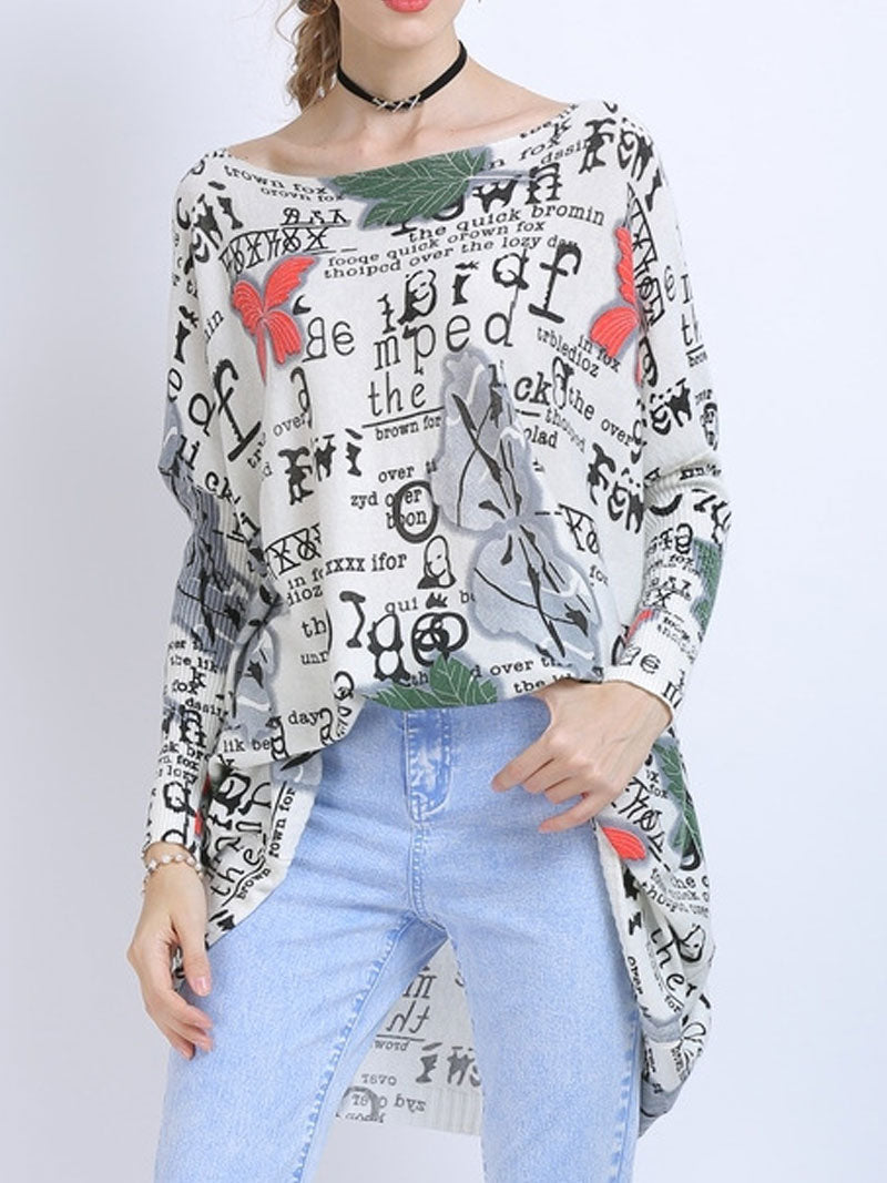 Boat Neck Butterfly Letter Print Long Sleeve Knit Tunic Top 7