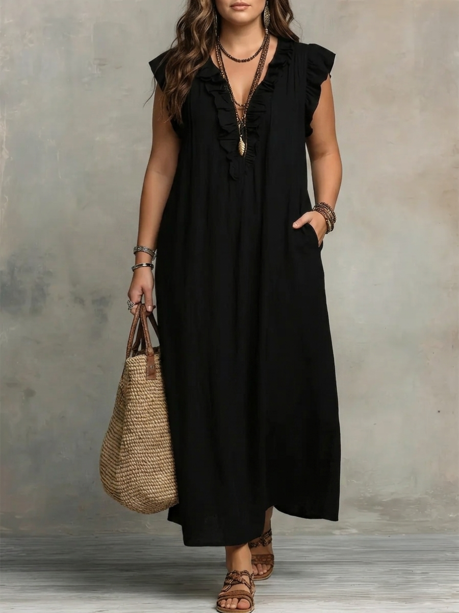 Ruffle V-Neck Flutter Sleeve Linen Relaxed Maxi Dress 12