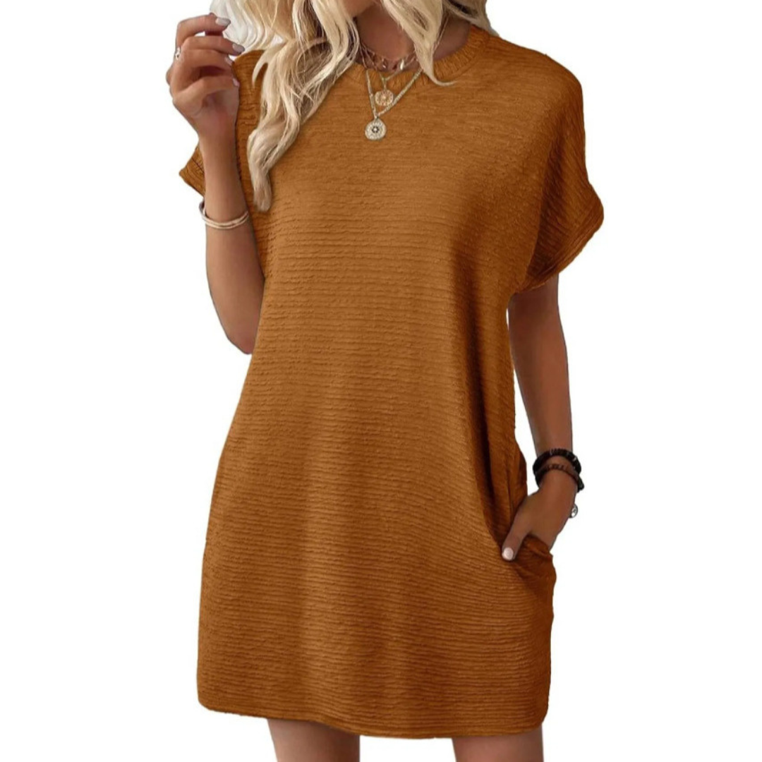 Round Neck Textured Cuffed Sleeve Pocket Shift Mini Dress
