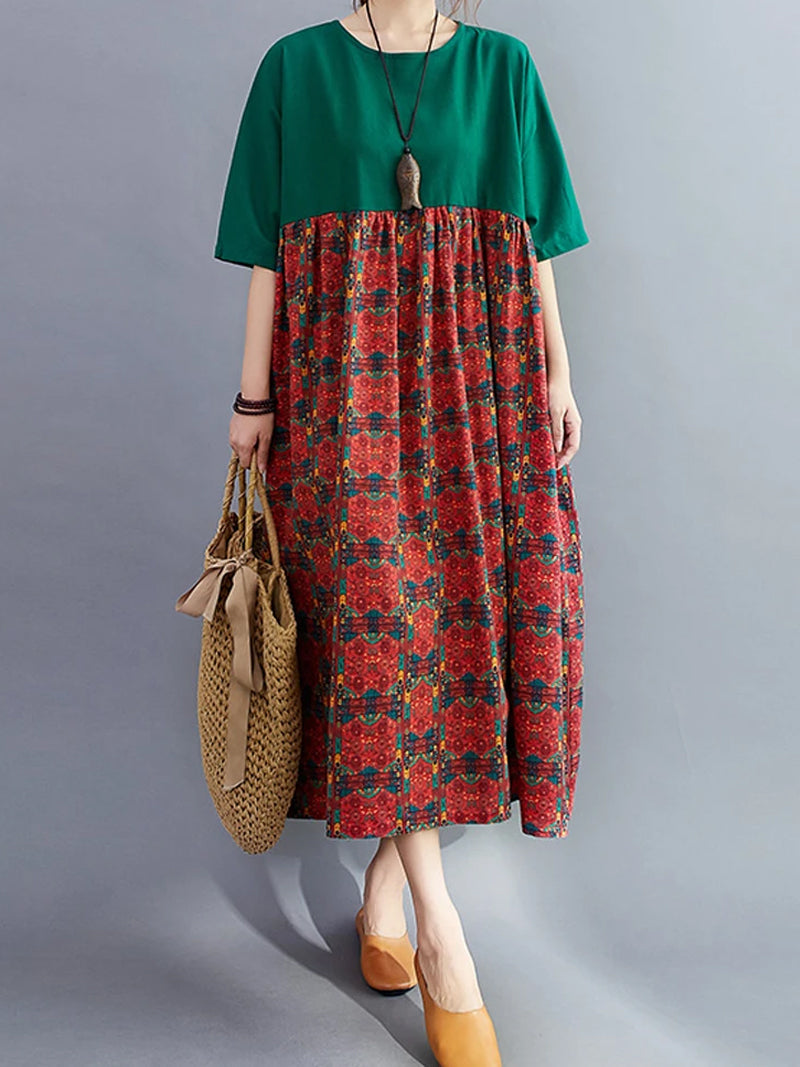 Dark Green Round Neck Colorblock Floral Print Short Sleeve Smock Midi Dress