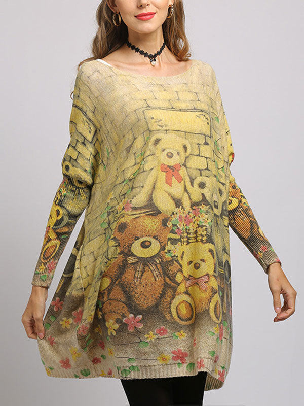 Boat Neck Long Sleeve Teddy Bear Print Knit Sweater 8