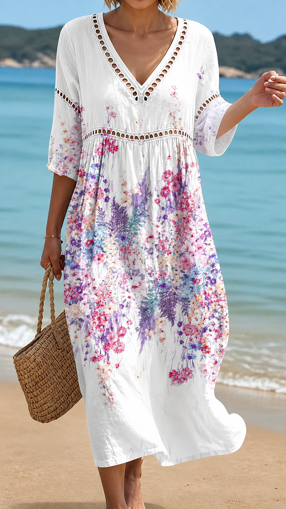 V-Neck Crochet Trim Watercolor Floral Half Sleeve A-Line Maxi Dress