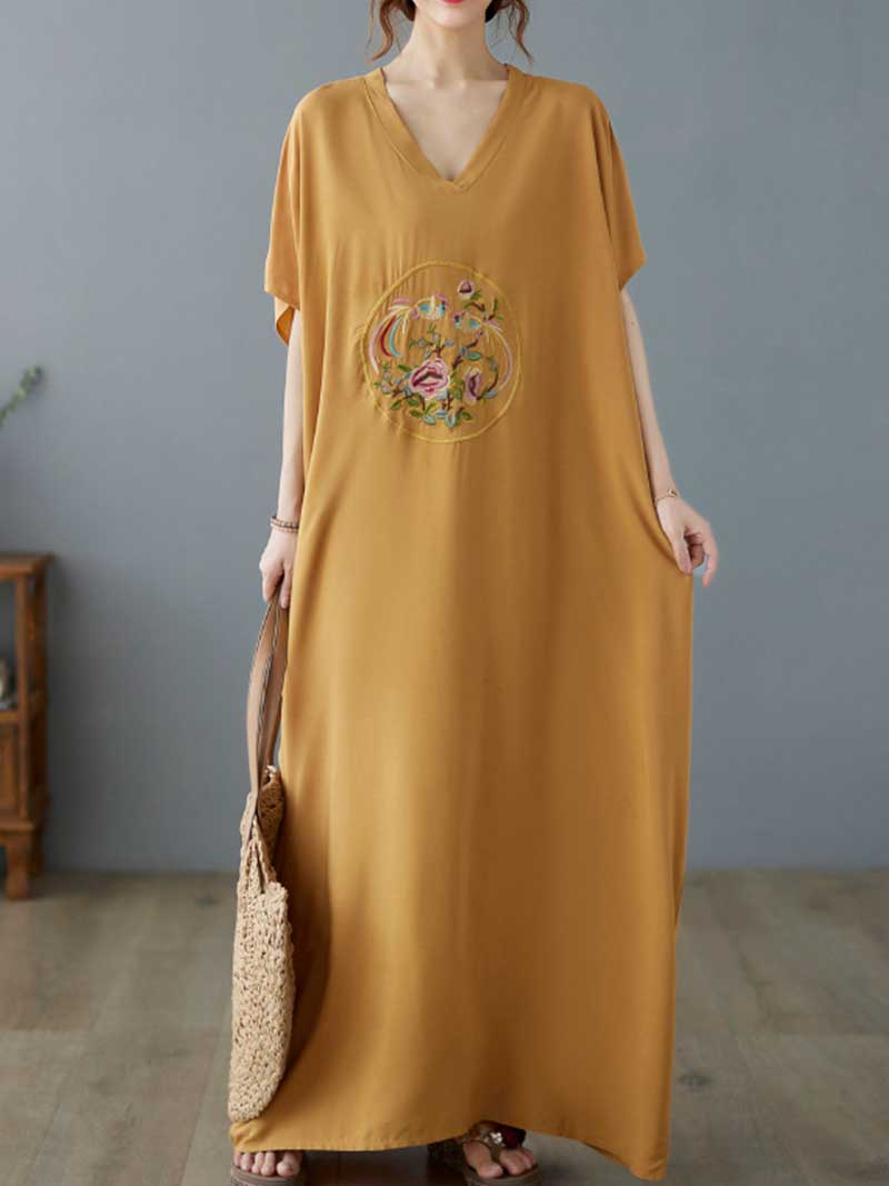 Yellow V-Neck Floral Embroidered Medallion Short Sleeve Loose Kaftan Maxi Dress