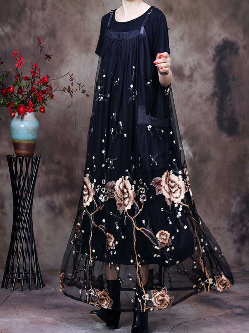 Adjustable Strap Rose Embroidered Mesh A-Line Pinafore Maxi Dress