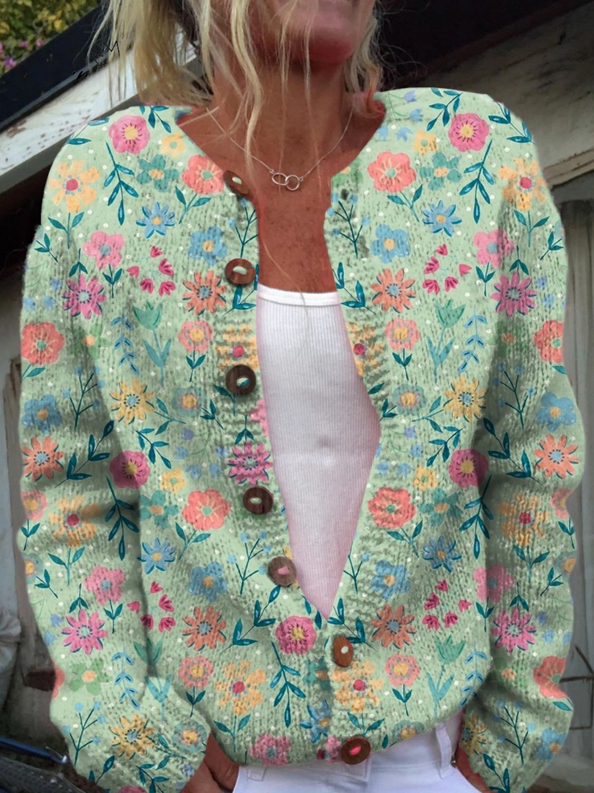 Round Neck Ditsy Floral Knit Button Cardigan