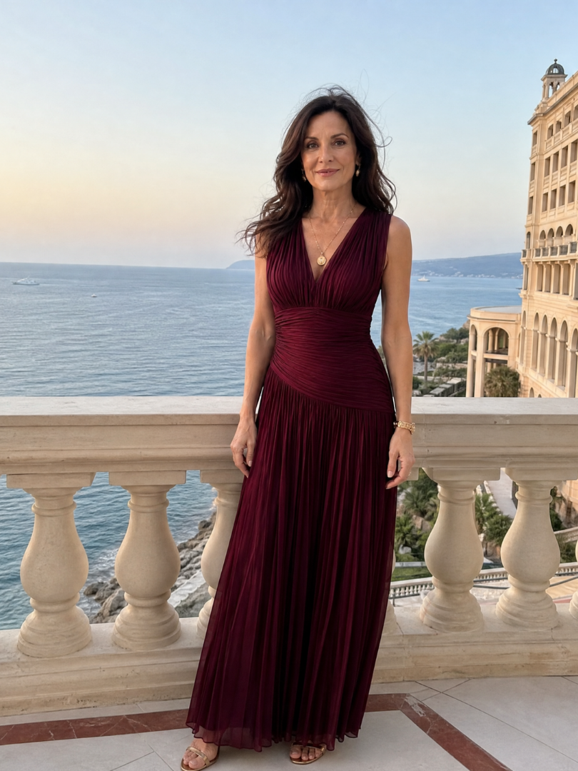 V-Neck Sleeveless Ruched Pleated Bodice Maxi Gown 6