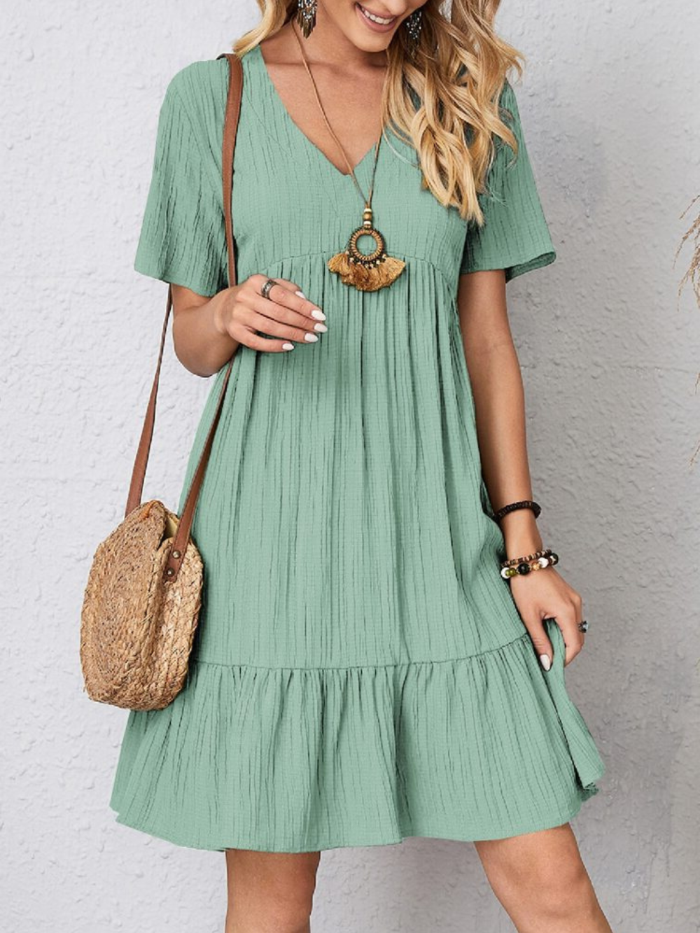 V-Neck Textured Short Sleeve Tiered Ruffle Hem Swing Mini Dress