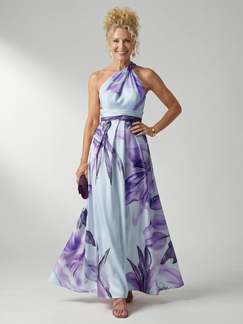 Halter Neck Twist Floral Print Satin A-Line Gown 8