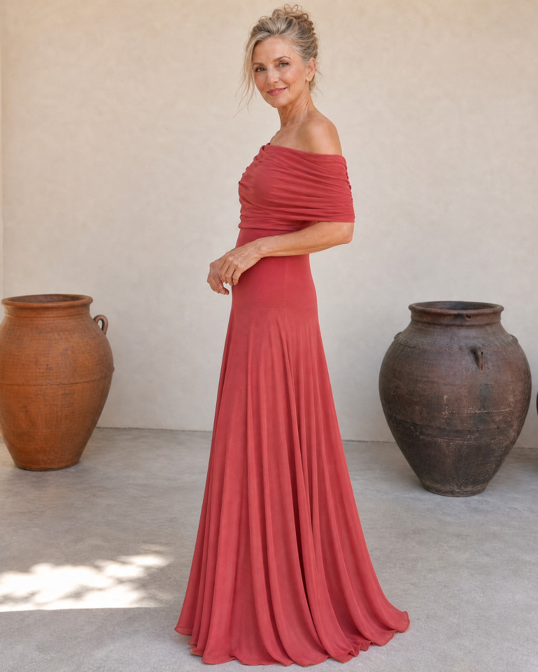 Off-Shoulder Draped Ruched Bodice Flowing Chiffon Maxi Gown