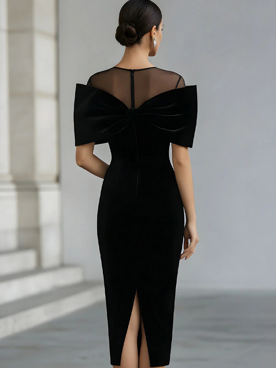 Black Round Neck Velvet Mesh Illusion Bow Front Bodycon Midi Dress 2