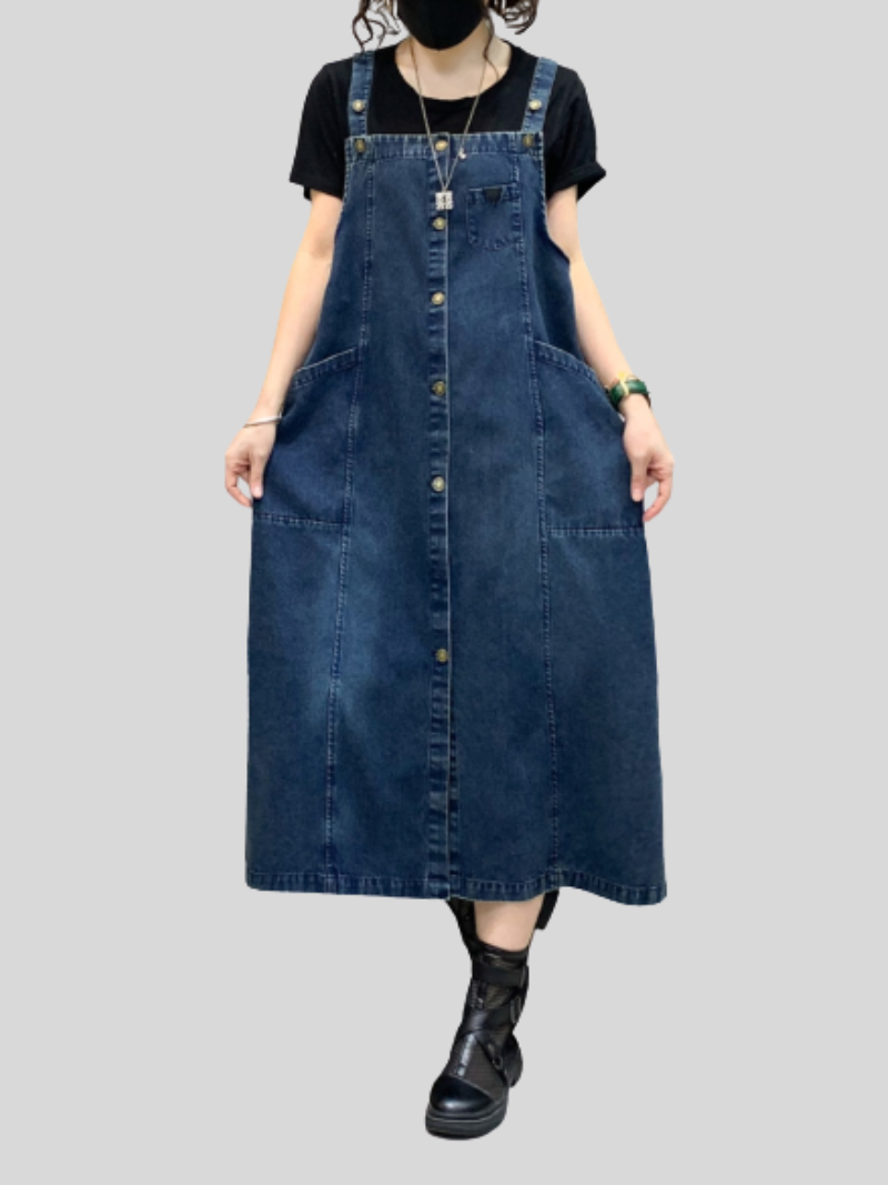 Strap Button Front Pocket Denim Pinafore A-Line Midi Dress 6
