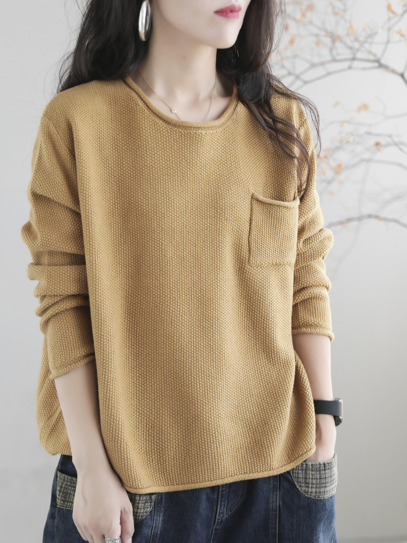 Round Neck Patch Pocket Long Sleeve Loose Knit Sweater
