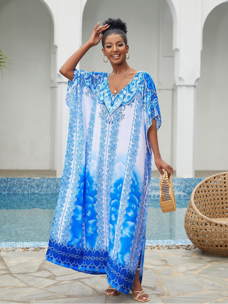 Blue V-Neck Baroque Border Print Batwing Sleeve Kaftan Maxi Dress