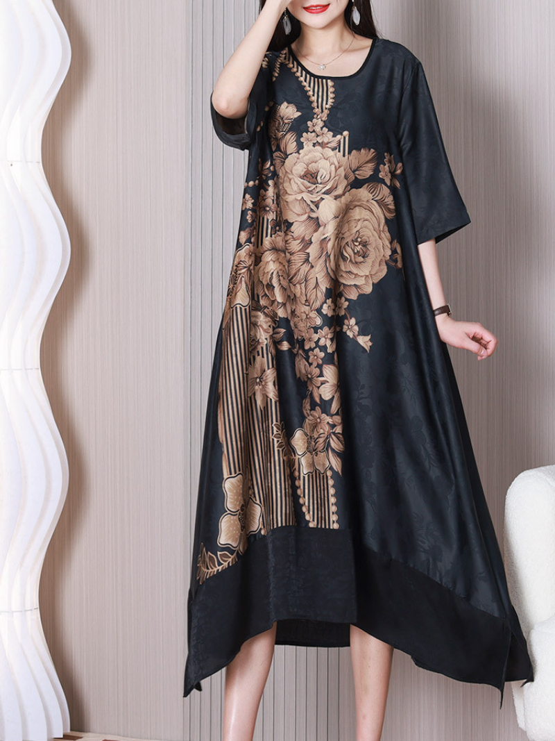 Round Neck Half Sleeve Floral Print Contrast Hem Midi Dress