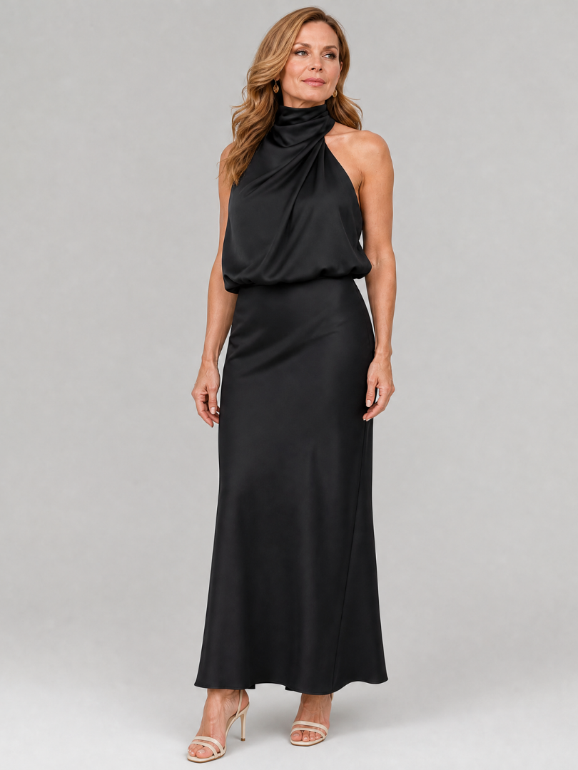 Halter Neck Twist Front Blouson Satin Column Maxi Dress 8