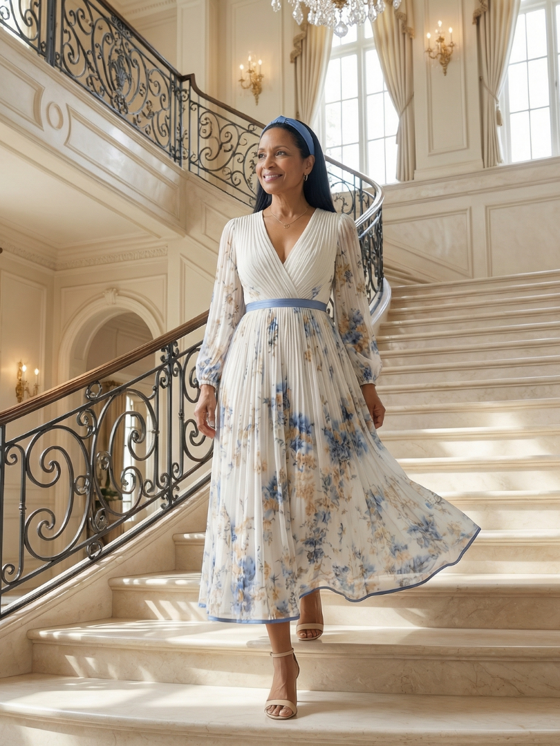 White Surplice V-Neck Floral Pleated Long Sleeve A-Line Maxi Dress 6