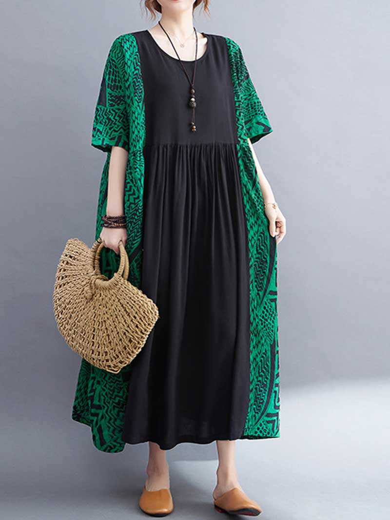 Round Neck Short Sleeve Geometric Print Loose Smock Maxi Dress 7