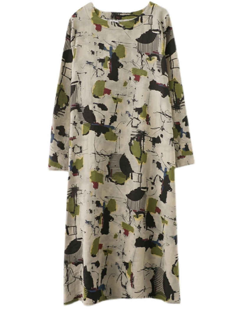 Multicolor Round Neck Abstract Print Long Sleeve Loose A-Line Maxi Dress 2