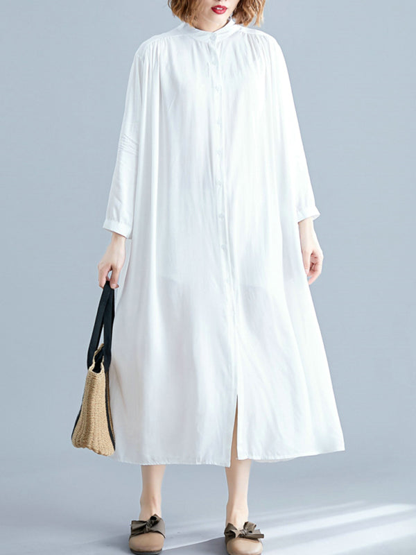 Stand Collar Long Sleeve Button Front Loose Shirt Midi Dress 3