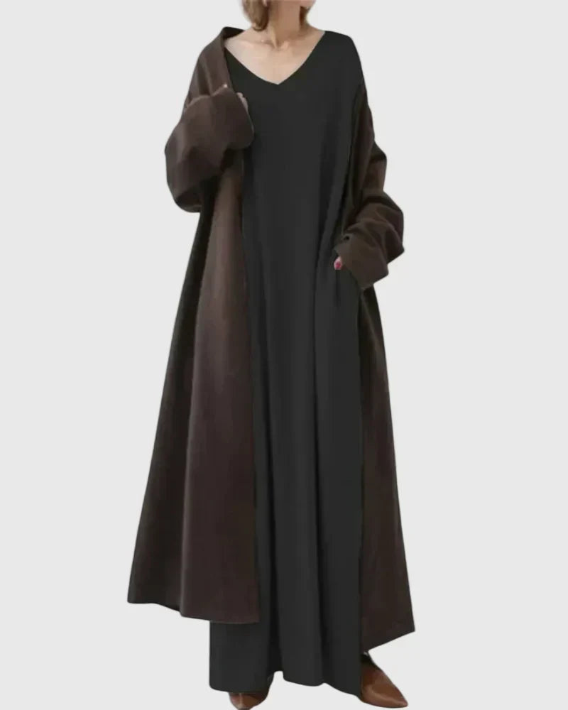 V-Neck Long Sleeve Batwing Loose Knit Side Slit Maxi Dress