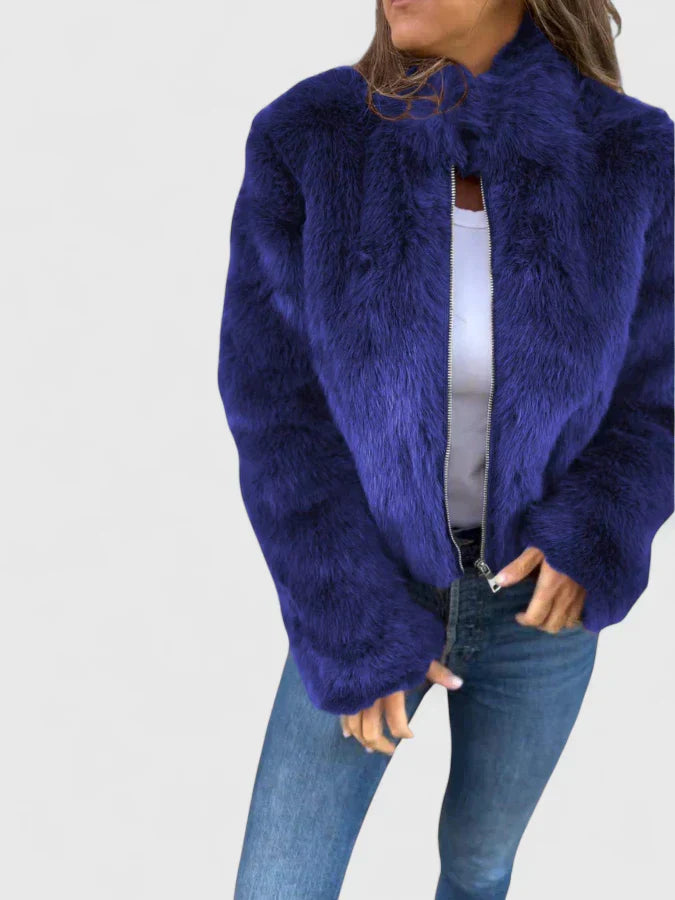 Stand Collar Faux Fur Zip Front Cropped Jacket