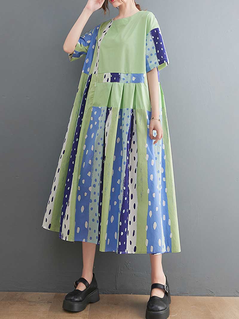 Round Neck Polka Dot Patchwork Short Sleeve Pleated A-Line Midi Dress 7