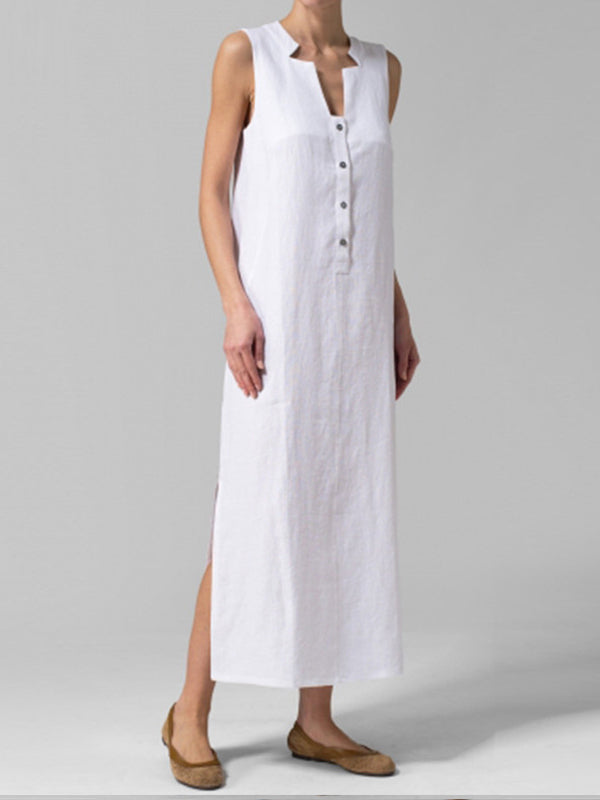 V-Neck Half Button Sleeveless Side Slit Linen Maxi Dress 6