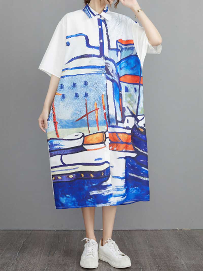 Collared Short Sleeve Abstract Art Print Midi Shirt Dress