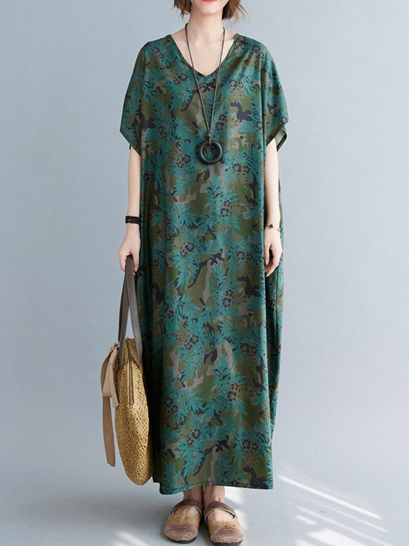Green V-Neck Batwing Sleeve Floral Print Loose Kaftan Maxi Dress