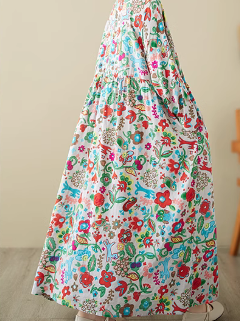 Round Neck Floral Print Long Sleeve Pleated Loose Smock Maxi Dress