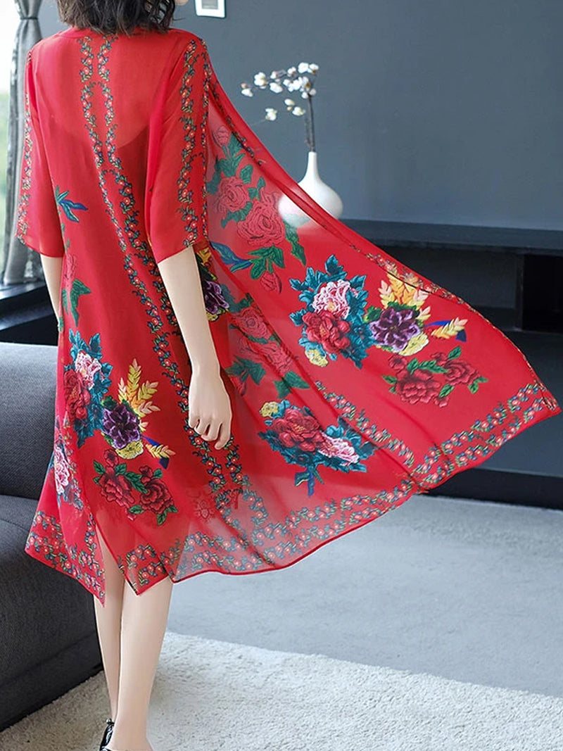 Open Front Floral Print Sheer Chiffon Long Kimono 5