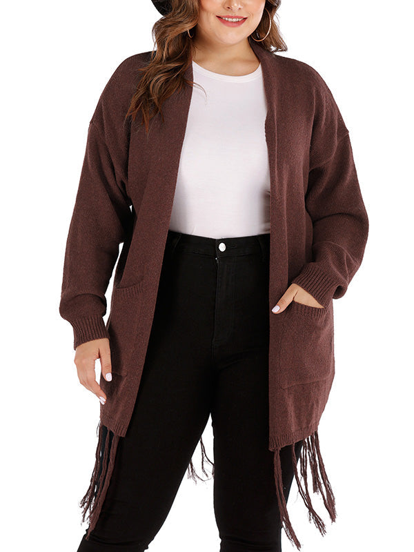 Brown Open Front Patch Pocket Tassel Hem Long Sleeve Knit Cardigan 4