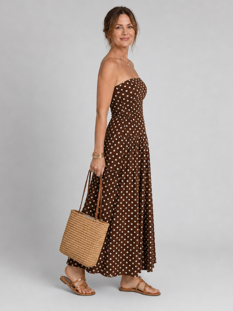 Brown Strapless Polka Dot Fitted Bodice Flared A-Line Maxi Dress 2